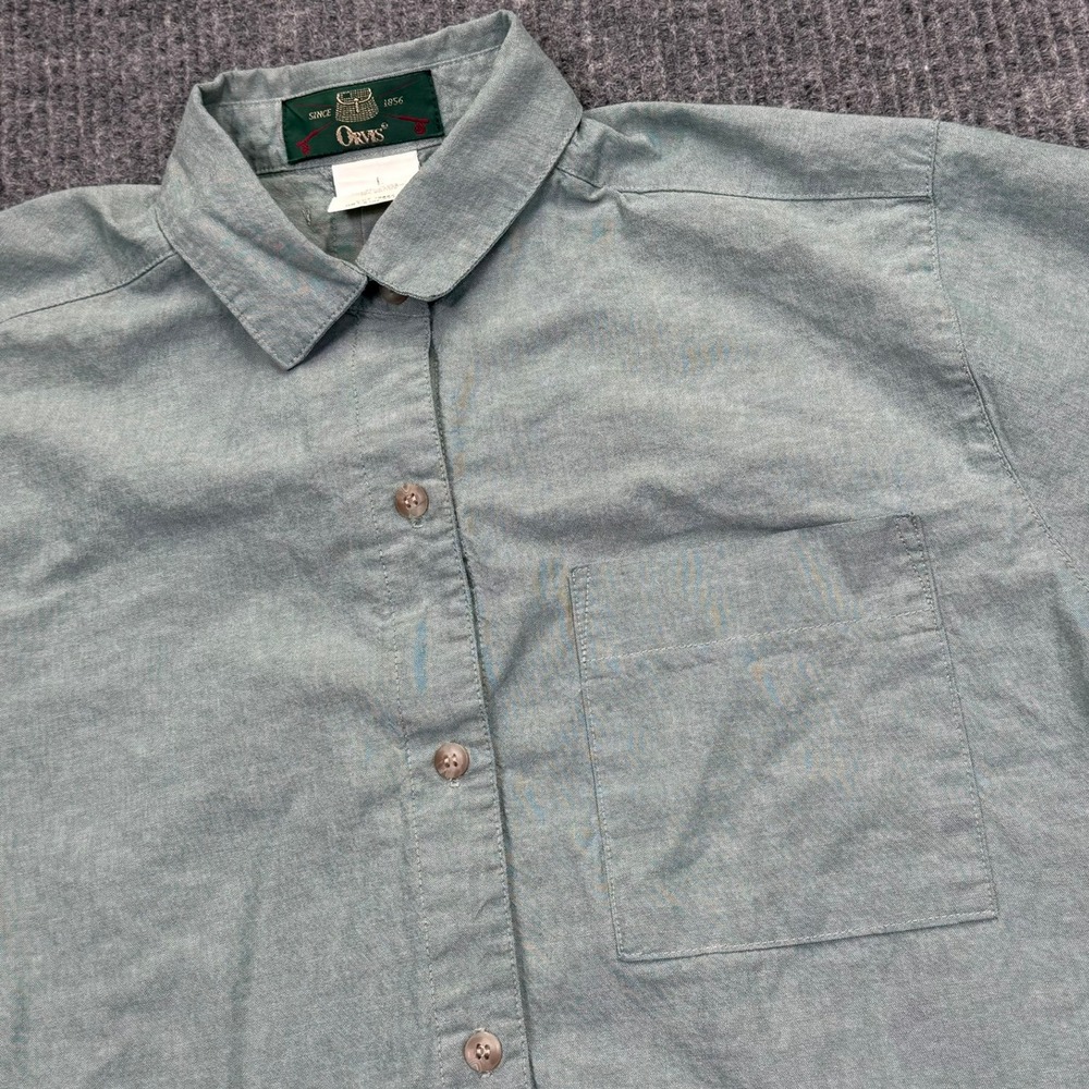 Orvis Vintage Mens Large Green Cotton Short Sleeve Button Down Shirt Made in USA